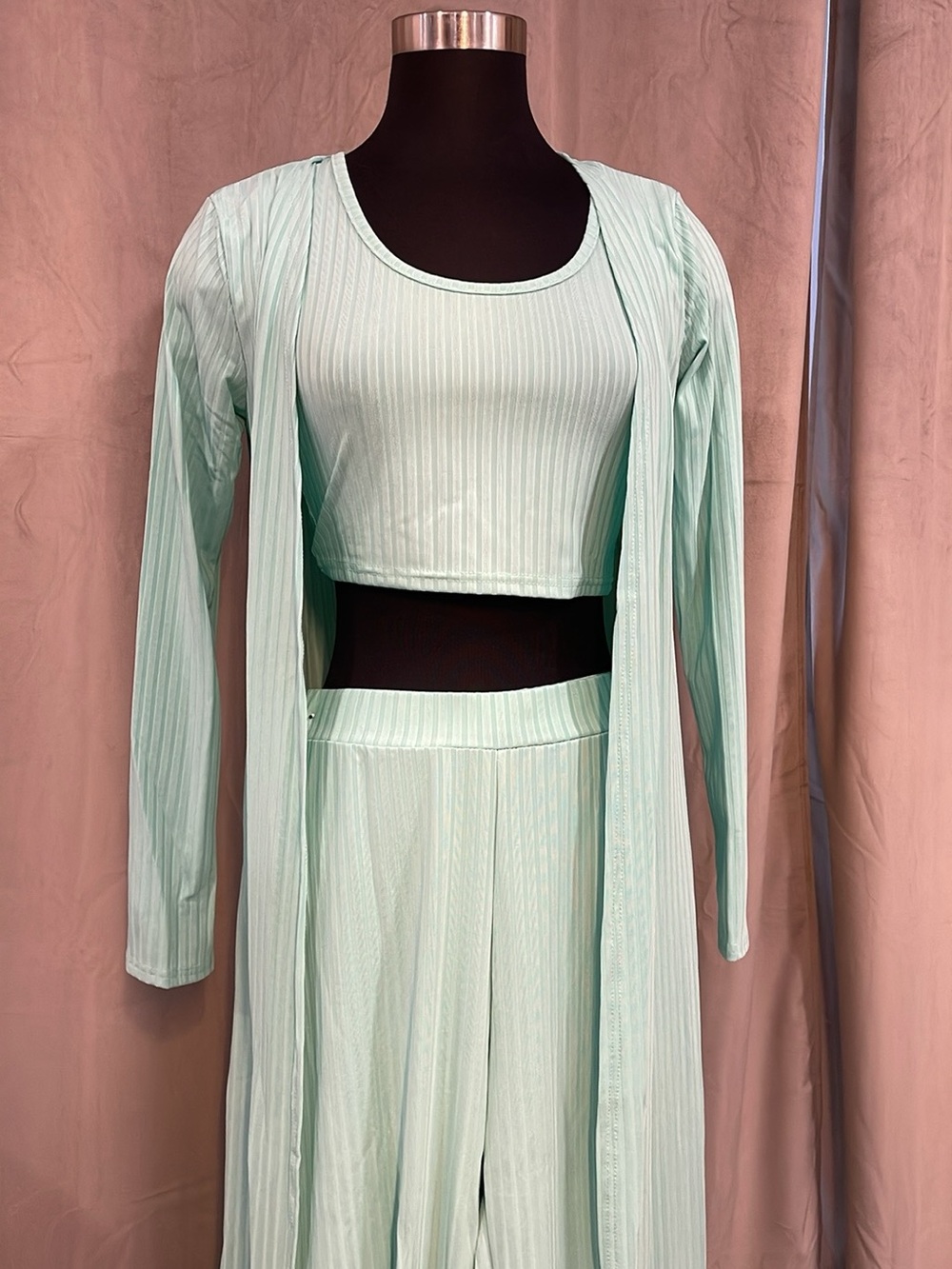3-Piece Mint Ribbed Lounge Set - Crop Top, Palazzo Pants & Duster